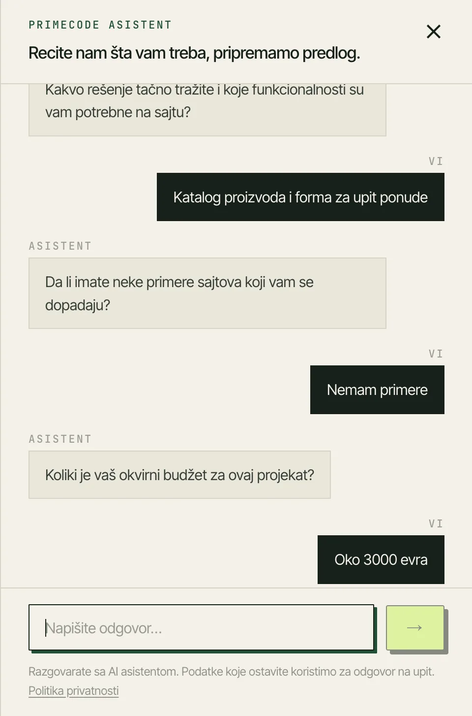 Nastavak razgovora: asistent redom pita za primere sajtova, okvirni budžet i željeni rok, a posetilac odgovara oko 3000 evra i do kraja novembra.