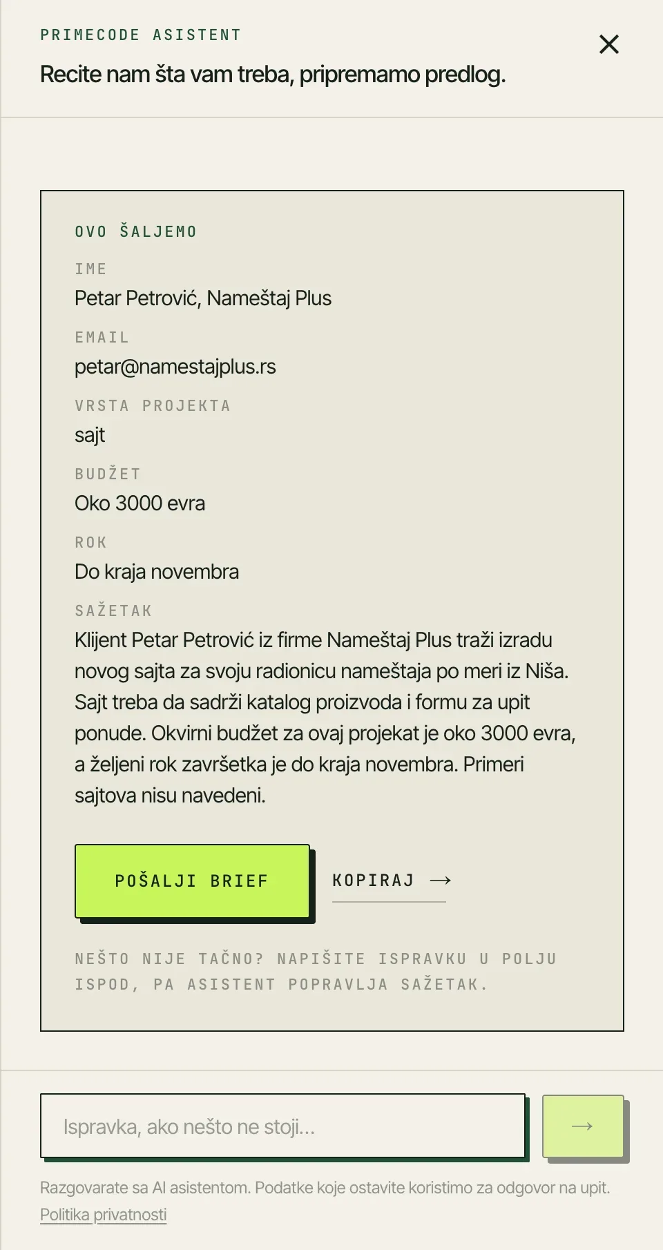 Kartica sa naslovom Ovo šaljemo i popunjenim poljima: ime i firma, email, vrsta projekta, budžet, rok i sažetak projekta, uz dugme Pošalji brief.