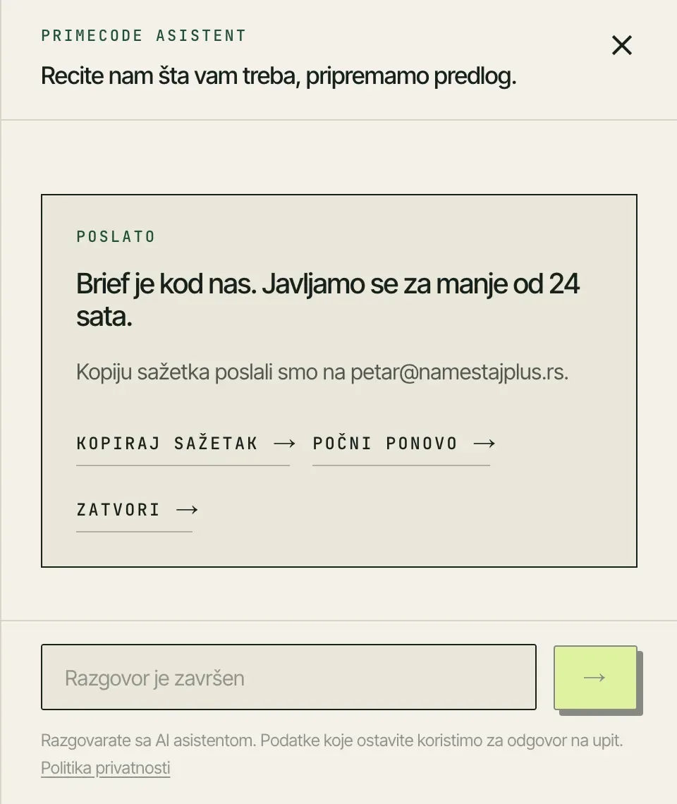 Ekran posle slanja: brief je kod nas, javljamo se za manje od 24 sata, uz napomenu da je kopija sažetka poslata na adresu posetioca.