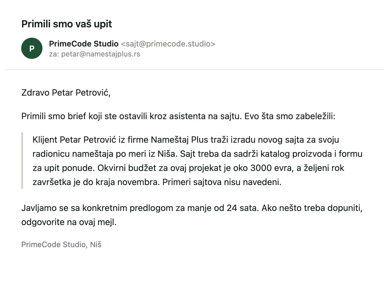 Mejl u inboxu klijenta, naslov Primili smo vaš upit, sa sažetkom projekta izdvojenim u citat i rokom za odgovor.