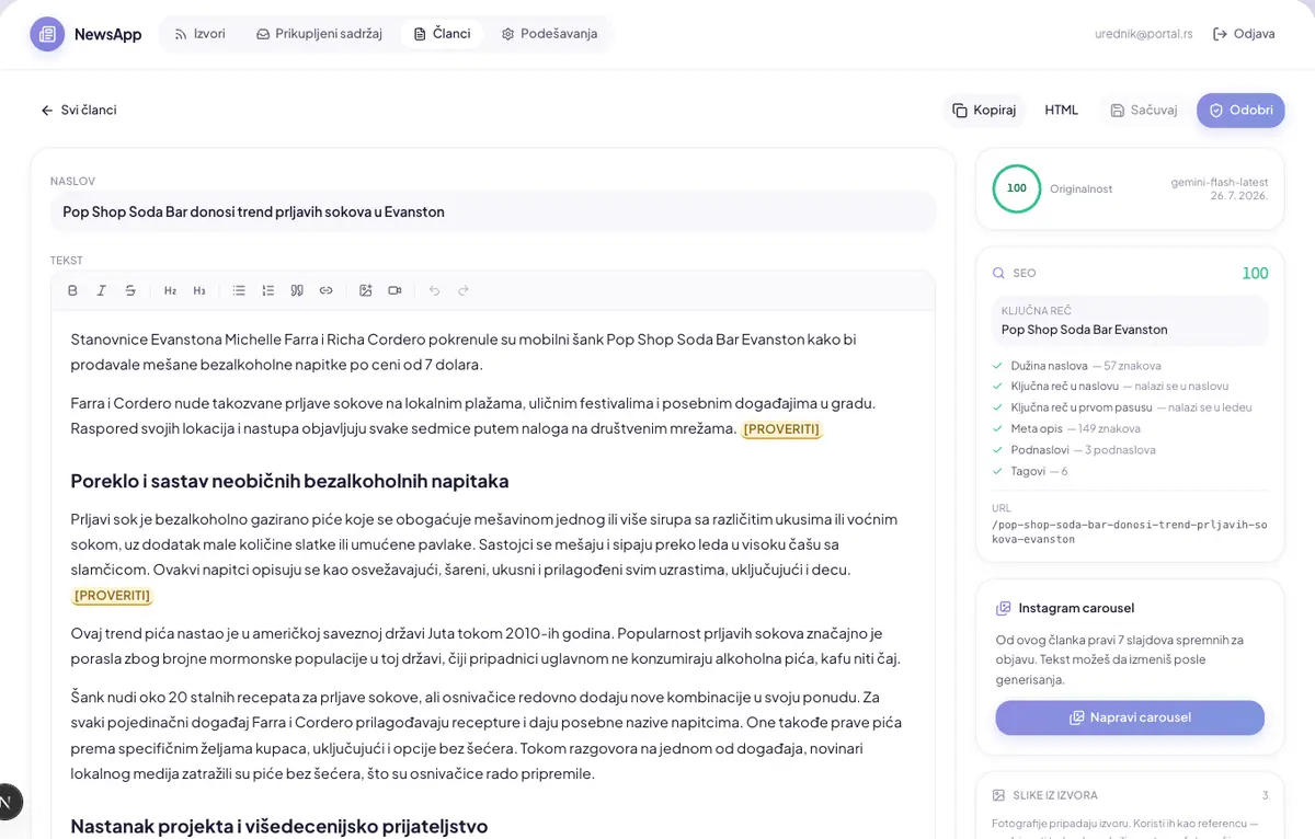 Editor članka u NewsApp-u: tekst na srpskom sa oznakama za proveru tvrdnji, ocena originalnosti 100, SEO panel sa ključnom rečju i dugme za pravljenje Instagram carousela.